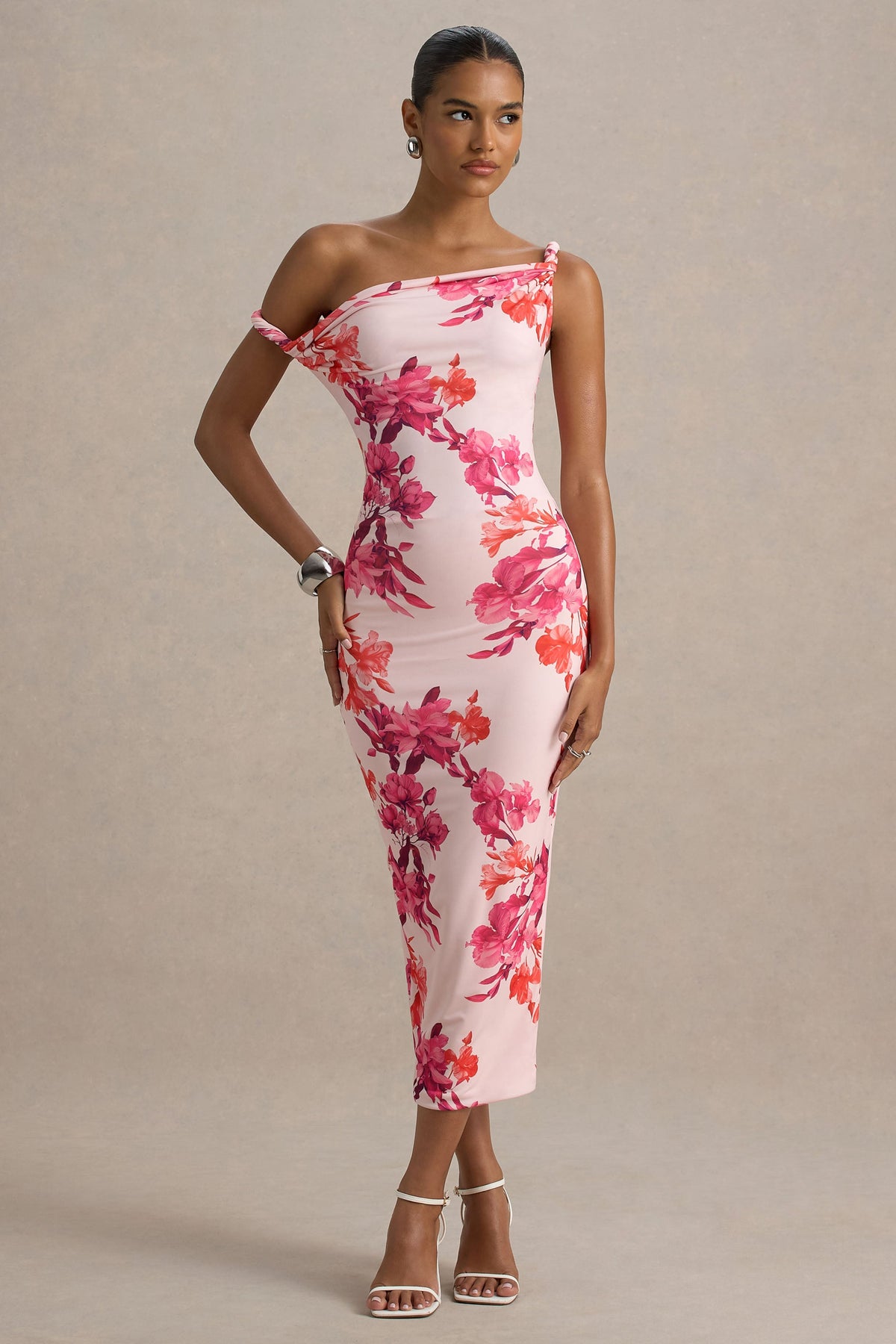 Tatian | Vestido midi entallado con escote asimétrico y estampado floral rosado