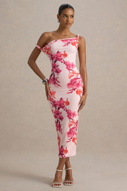 Tatian | Vestido midi entallado con escote asimétrico y estampado floral rosado