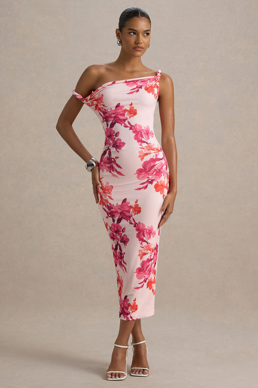 Tatian | Vestido midi entallado con escote asimétrico y estampado floral rosado