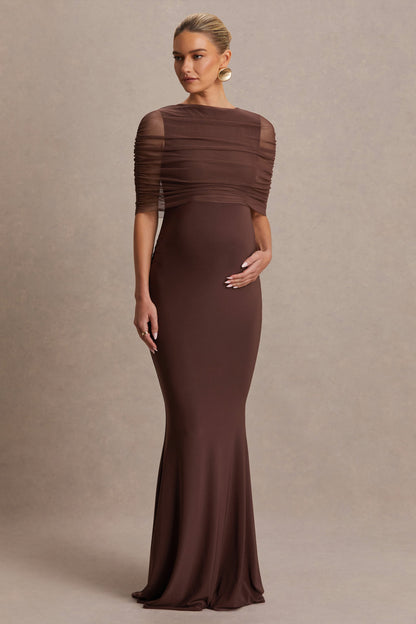 Zaria | Vestido Largo Marrón con Escote Redondo y Capa Superpuesta