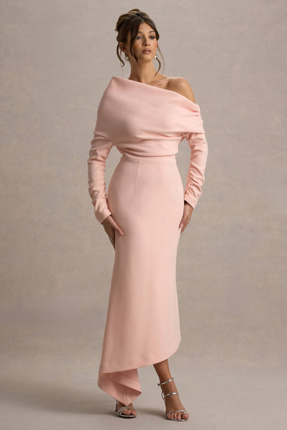 Lou | Vestido largo rosa con mangas largas y dobladillo asimétrico