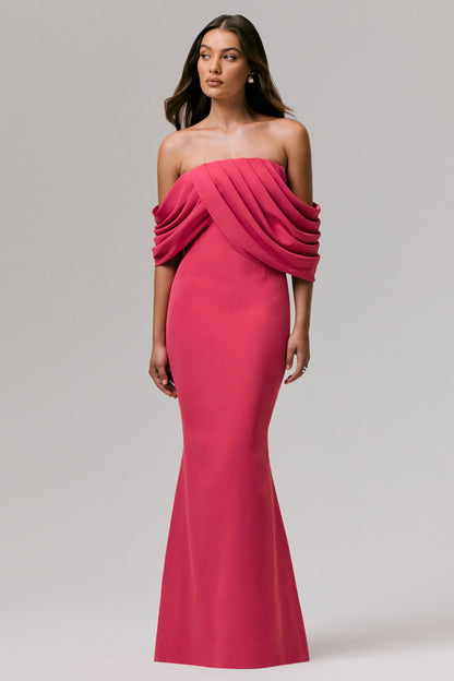 Serene | Vestido Largo Bardot drapeado en rosa intenso