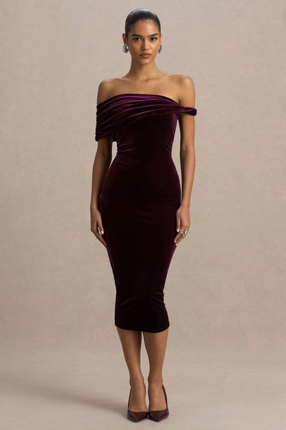Billie | Vestido Midi de Terciopelo Burdeos con Escote Bardot y Manga Retorcida