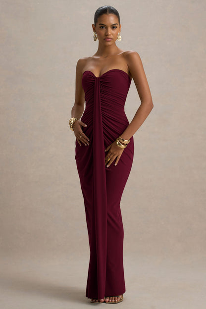 Ali | Vestido Largo Burdeos con Escote Corazón, Drapeado y Lazo