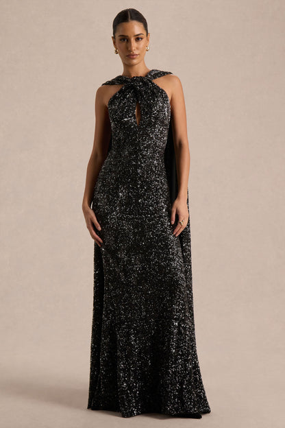 Renelle | Vestido Largo de Lentejuelas Negras y Escote Halter