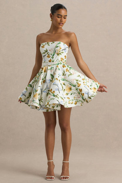 Valerian | Vestido corto Blanco con Estampado floral y Escote Bandeau con Bajo con Volantes