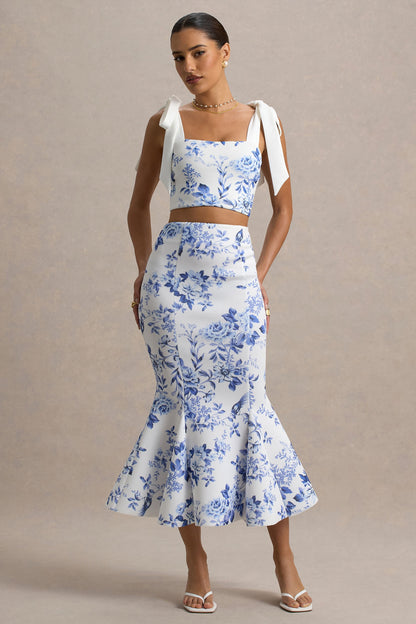 Amadea | Falda midi ajustada de talle alto con estampado de porcelana azul