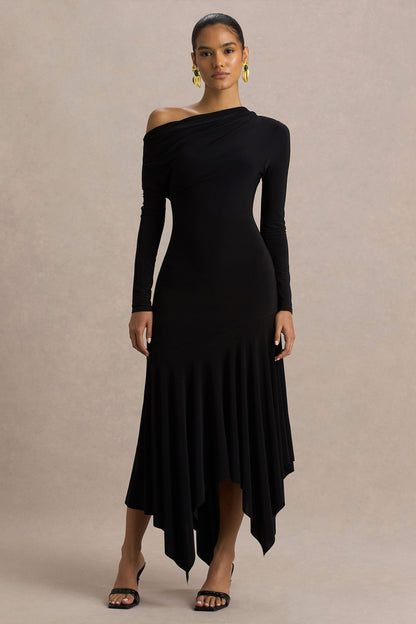 Isola | Vestido Midi Negro con Escote Asimétrico y Cintura Caída