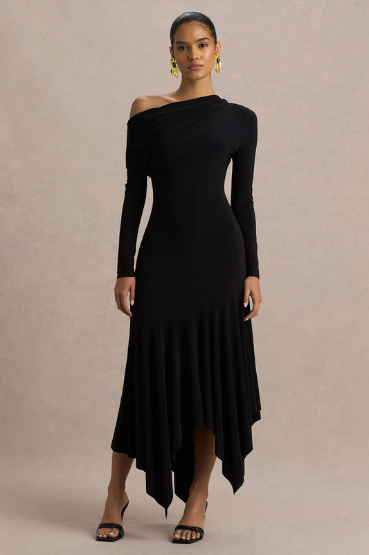 Isola | Vestido Midi Negro con Escote Asimétrico y Cintura Caída