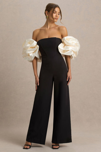 Panama | Mono Negro Con Escote Bardot y Mangas Abullonadas en Crema