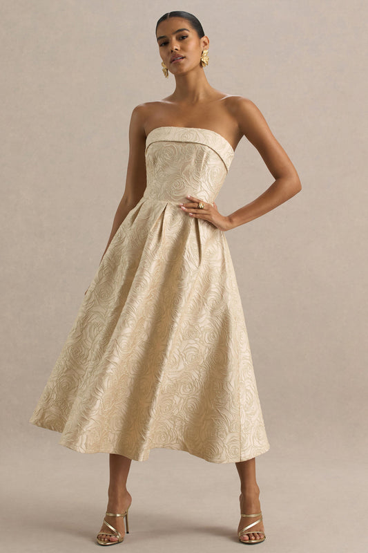 Hypnotic | Vestido Midi Dorado de Jacquard con Escote Bandeau y falda plisada
