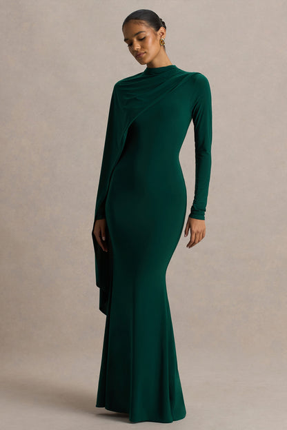 Always | Vestido Largo Verde Botella con Escote Alto y Detalle de Manga Capa