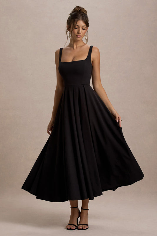 Parina |  Vestido midi con escote cuadrado y falda plisada