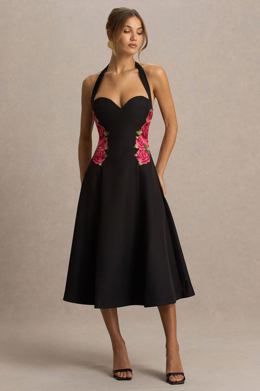 Tillie | Vestido Midi Negro con Escote Halter