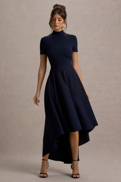 Bellona | Vestido midi azul marino con mangas cortas y falda asimétrica
