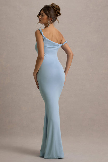 Lita | Vestido largo entallado en azul cielo y escote asimétrico retorcido