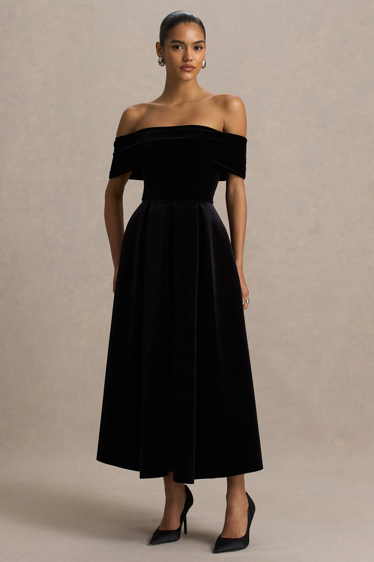 Ablaze | Vestido Midi Negro Con Escote Bardot
