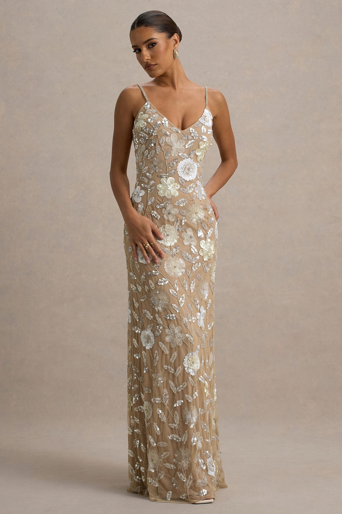 Gecorto | Vestido largo con Tirantes finos y Estampado Floral Embellecido de lentejuelas