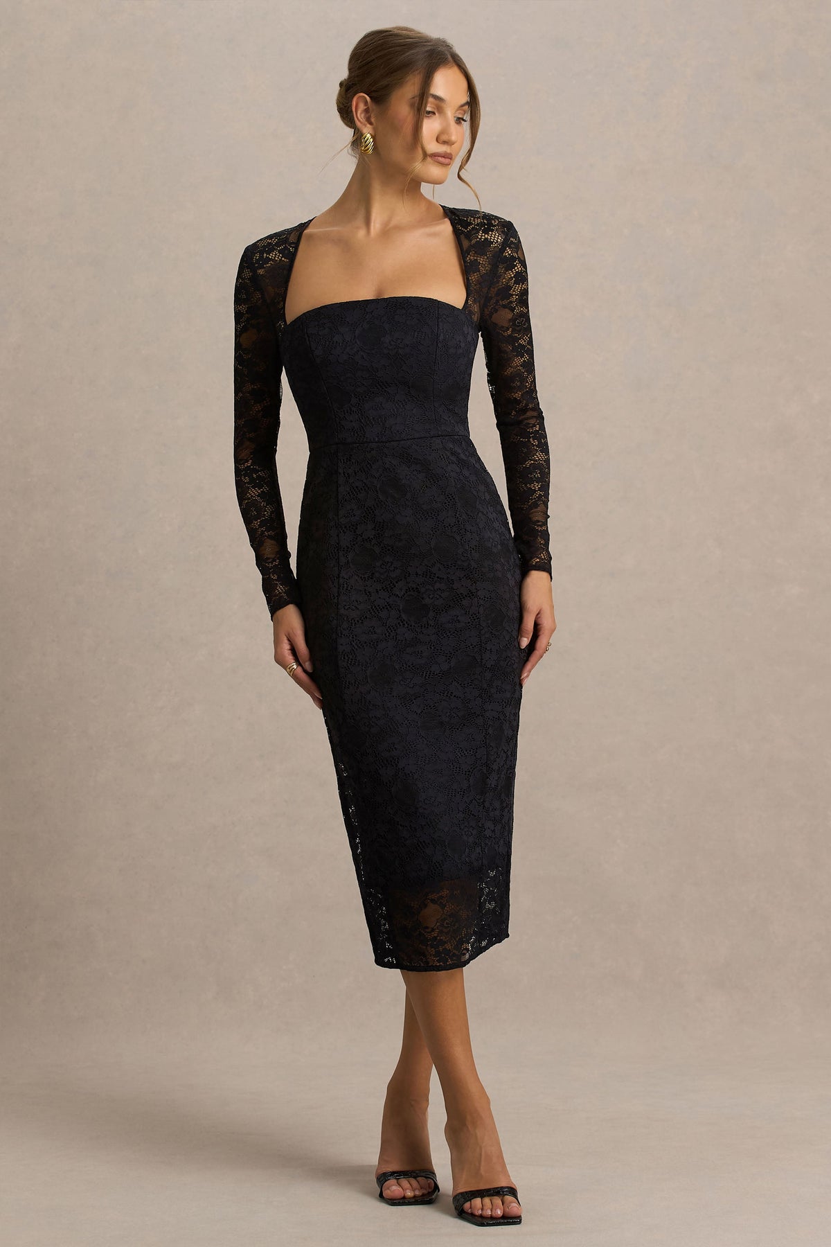 Alissa | Vestido midi de encaje negro con escote cuadrado