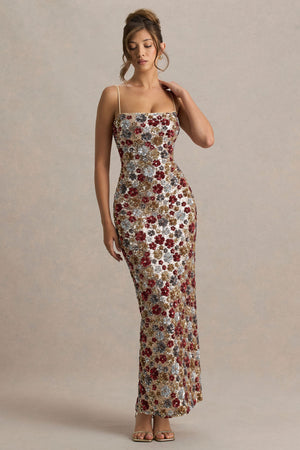 Vitora | Vestido largo rojo de lentejuelas con estampado floral y escote cuadrado