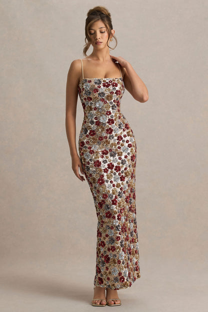 Vitora | Vestido largo rojo de lentejuelas con estampado floral y escote cuadrado