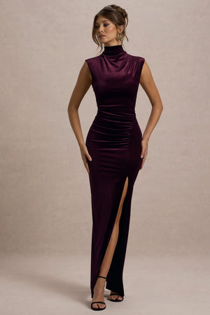 Abilene | Vestido largo de terciopelo en color burdeos, de cuello alto y abertura lateral