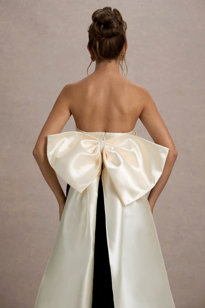 Take A Bow | Vestido largo de terciopelo en negro y lazada en color crema