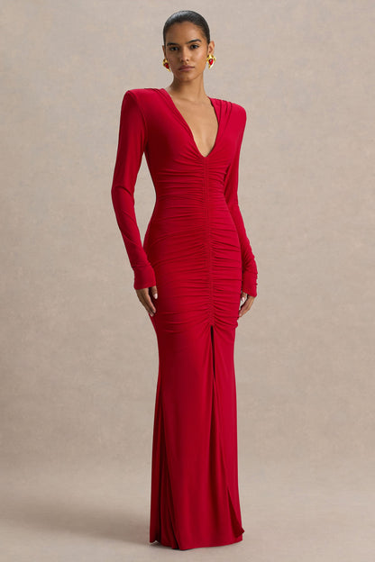 Jewel | Vestido Largo Rojo con Escote Pronunciado Abertura Frontal y Detalles Fruncidos