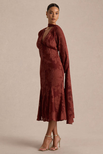 Sabina | Vestido midi devoré color óxido con escote pronunciado