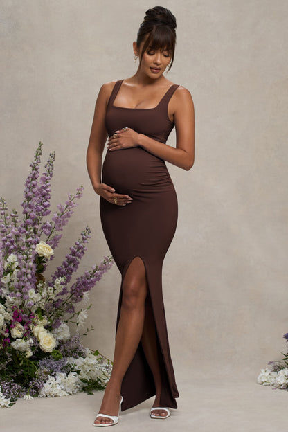 Avril | Vestido Largo de Maternidad Marrón con Escote Cuadrado y Abertura