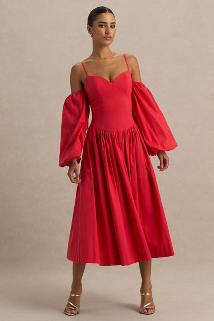 Macie | Vestido Midi Rojo con Escote en Corazón y Mangas Abullonadas