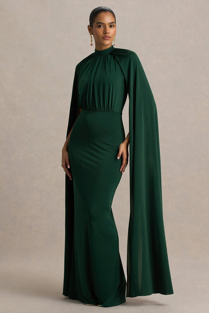 Darielle | Vestido largo de Escote Alto con Mangas Capa Verde Botella