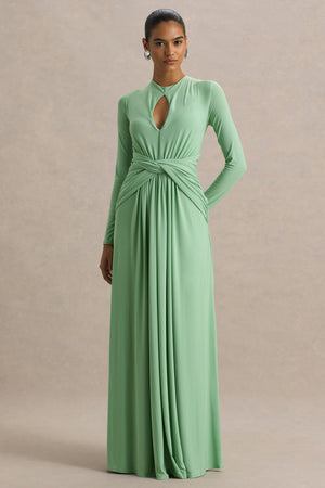 With Me | Vestido largo verde de cuello alto con frunces y aberturas