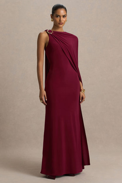 Cressida | Vestido Largo burdeos con escote asimétrico y manga capa