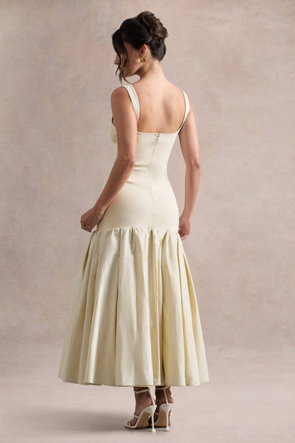 Parida | Vestido midi de popelina en crema con cintura caída y dobladillo con volante