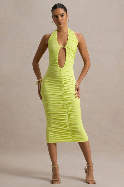 Anaisa | Vestido midi verde lima con escote halter profundo