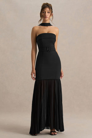 Jaquetta | Vestido largo negro con cinturón y falda plisada de gasa