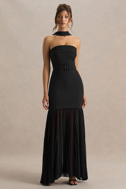Jaquetta | Vestido largo negro con cinturón y falda plisada de gasa