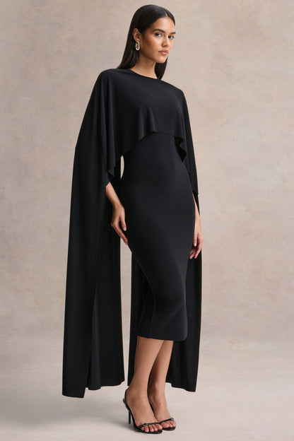 Kalani | Vestido Midi Negro con Cuello Redondo y Mangas Tipo Capa