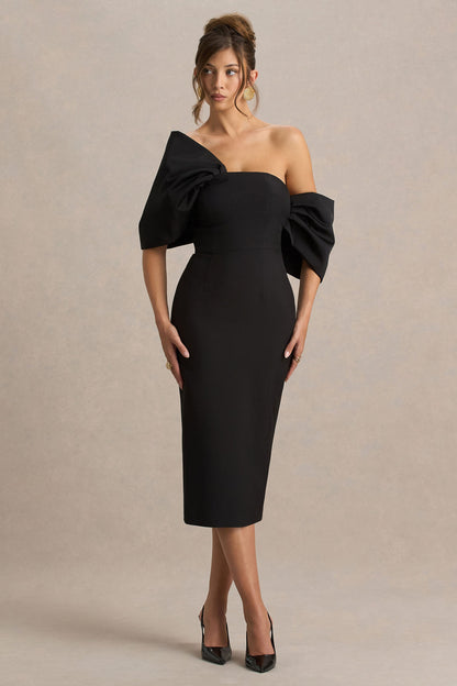 Lucille | Vestido midi negro con escote bardot asimétrico
