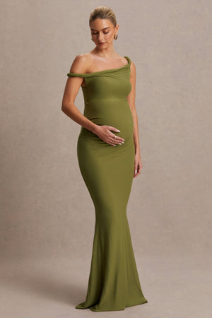 Lita | Vestido Largo premamá color oliva con escote asimétrico retorcido