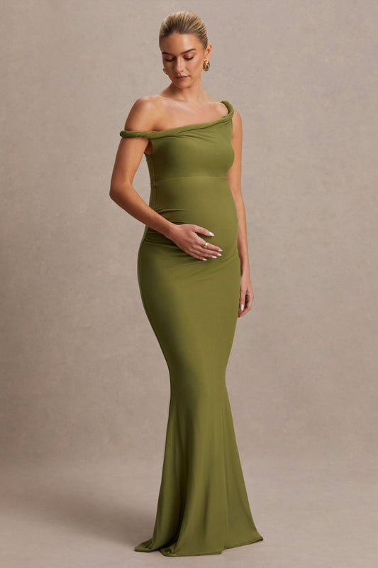 Lita | Vestido Largo premamá color oliva con escote asimétrico retorcido