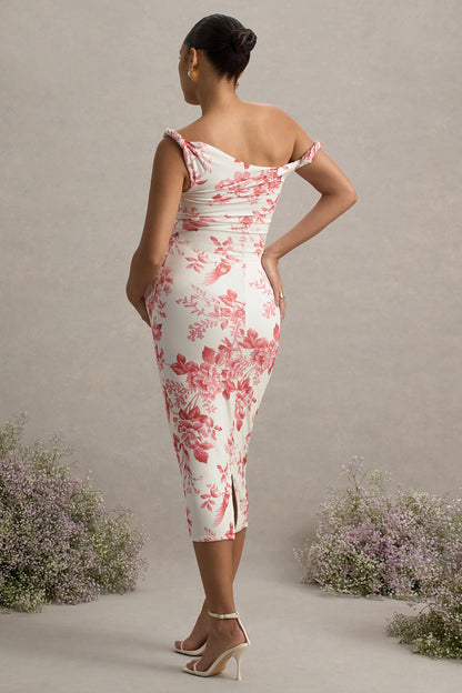 Salome | Vestido Midi de premamá con Estampado Floral Rosa y Escote Asimétrico Torcido
