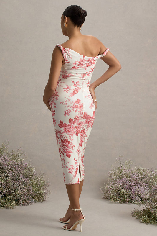Salome | Vestido Midi de premamá con Estampado Floral Rosa y Escote Asimétrico Torcido