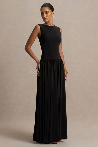 Rosalía | Vestido Largo Negro de Cuello Redondo con Cintura Caída y Detalle Fruncido