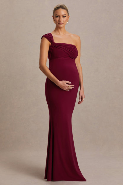 Mila | Vestido Largo Burdeos con Escote Asimétrico