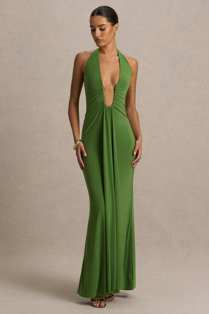 Hera | Vestido Largo Verde con Escote profundo y detalles plisado