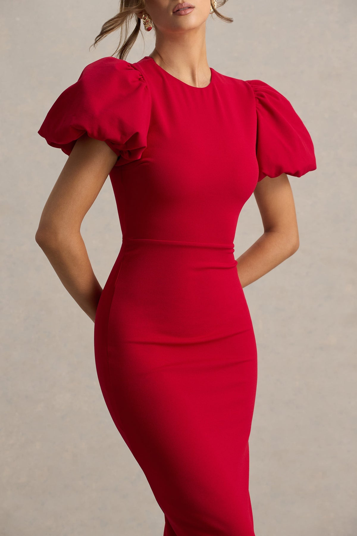 Dakota |  Vestido midi rojo con mangas abullonadas