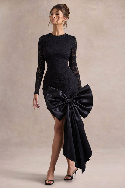 Evry | Vestido corto de encaje negro con mangas largas y lazo grande de satén