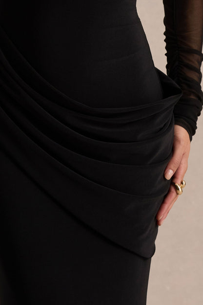 Deema | Vestido Largo Negro de Jersey y Malla con Cuello Alto